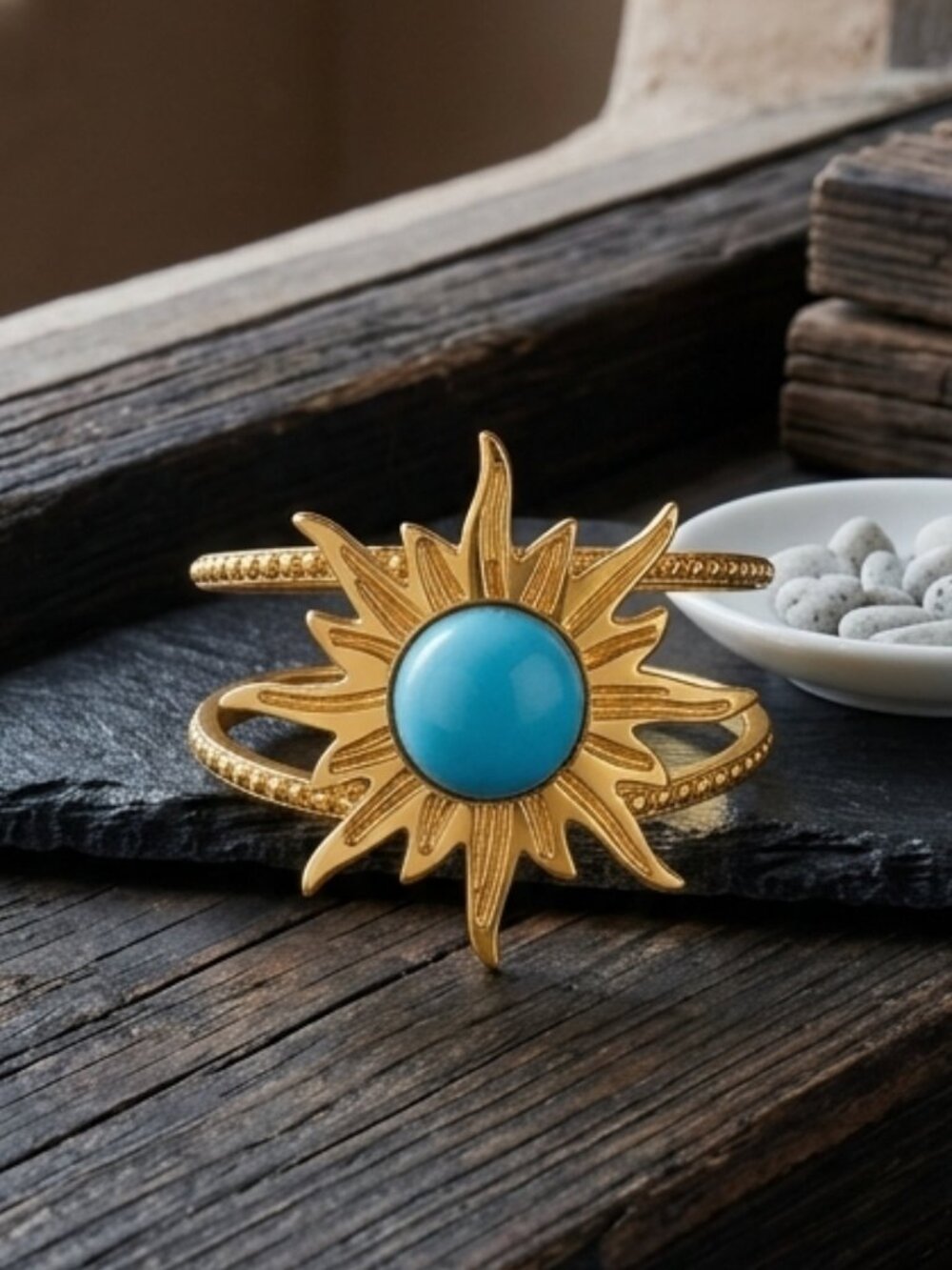 18K Gold Plated Sunburst Turquoise Color Stone Open Adjustable Ring Size 7-9